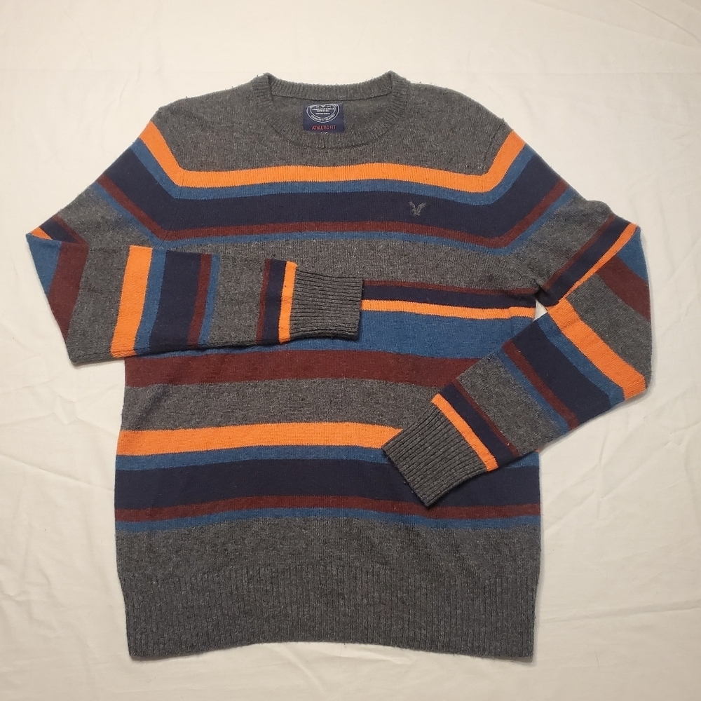 American Eagle Mens Wool Blend Sweater Color Block Striped Hudson Bay Size L Vtg